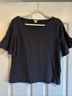 J. Crew Women's Black Short Sleeve Top with Eyelet Ruffle Sleeves